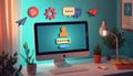 Modern workspace with login screen
