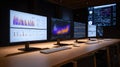 A modern workspace with multiple computer monitors displaying data visualizations and graphs. The setting is sleek and high-tech, Royalty Free Stock Photo
