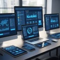 Modern workspace with multiple devices displaying data Royalty Free Stock Photo