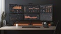 A modern workspace with multiple monitors displaying data visualizations and analytics Royalty Free Stock Photo