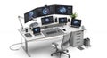 Modern Workspace with Multiple Monitors White Desk and Ergonomic Chair for Data Analysis and Visualization on Clean Royalty Free Stock Photo