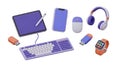 Modern workspace with purple tech gadgets and accessories on white background Royalty Free Stock Photo