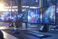 Modern workspace setup with multiple computer monitors showcasing digital data and graphics Royalty Free Stock Photo