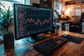 Modern workspace showing a computer screen displaying a dynamic stock market graph and coding, symbolizing online trading and tech Royalty Free Stock Photo