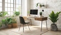 Modern workspace with sleek desk, computer, and indoor plants promoting minimalism and productivity Royalty Free Stock Photo