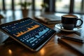 closeup of a tablet displaying financial charts and graphs on a wooden table next to a cup of coffee and a smartphone in a cozy se Royalty Free Stock Photo