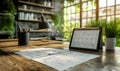 modern office workspace with calendar tablet documents and plants on wooden table in natural light setting Royalty Free Stock Photo