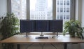 modern minimalist office workspace with triple computer monitors displaying code and large windows overlooking city buildings Royalty Free Stock Photo