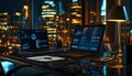 modern office workspace with dual laptops displaying data analytics and coding screens at night with city lights outside Royalty Free Stock Photo