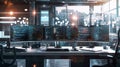 Modern Workstation with Multiple Monitors Displaying Code A modern workstation featuring multiple monitors displaying lines of Royalty Free Stock Photo