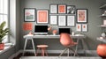 Modern Workstation Oasis: Studio Apartment boasting Dove Gray, Olive Green, and Coral Pink for a Creative Atmosphere