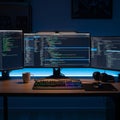 Modern Workstation with Three Monitors Displaying Code in Dark Environment Royalty Free Stock Photo