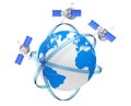 Modern World Global Navigation Satelite in Eccentric Orbits around the Earth Globe. 3d Rendering