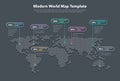 Modern world map template with colorful pointer marks and statistics - dark version