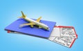 Modern World traveling world concept passport with airline tickets and airplane 3d render on blue gradient Royalty Free Stock Photo