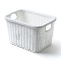 Modern Woven Plastic Laundry Basket Handles Empty Design White Background Angled Side Soft Lighting Texture Detail Royalty Free Stock Photo