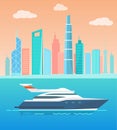 Modern Yacht near Big City with High Skyscrapers