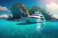 Modern yacht sailing on azure sea and tropical island, generative ai