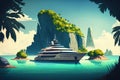 Modern yacht sailing on azure sea and tropical island, illustration ai