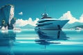 Modern yacht sailing on azure sea and tropical island, illustration AI