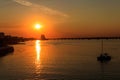 Modern yacht sailing on the Dnieper river at sunset in Dnipro, Ukraine Royalty Free Stock Photo