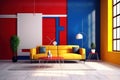 Modern yellow couch and white door in a colorful apartment with bright, cobalt, yellow, red walls. Bright sunlight, large windows Royalty Free Stock Photo