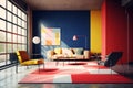 Modern yellow couch and white door in a colorful apartment with bright, cobalt, yellow, red walls. Bright sunlight, large windows Royalty Free Stock Photo