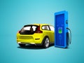 Modern yellow electric car with column for refueling electricity