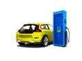 Modern yellow electric car with column for refueling electricity