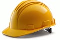 Modern yellow hard hat protective safety helmet. Generative AI.