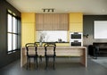 Modern yellow kitchen interior design. contemporary apartment style, 3d illustration