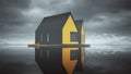 Modern Yellow Lakeside Wooden Cabin Norwegian Style Fisherman House Floating