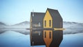 Modern Yellow Lakeside Wooden Cabin Sunrise Norwegian Style Fisherman House Floating