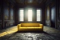Modern yellow leather couch inside old room.AI generated