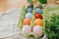 Modern yellow, pink, blue and grey easter eggs painted with organic onion, beets, red cabbage, carcade tea. Zero waste holiday. Royalty Free Stock Photo