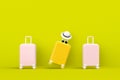 Modern yellow and pink suitcases bag with sun glasses and hat on green background. Travel concept. Vacation trip.