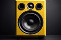 Modern yellow powerful audio speaker on yellow background, space for text