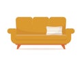 Modern yellow sofa with striped decorative pillow on wooden legs