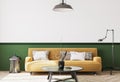 Modern yellow sofa in trendy design. Stylish living room with wooden black coffee table. Retro floor and ceiling lighting.