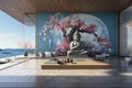 Modern yoga center with a large space and a Buddha statue for meditations on the seashore