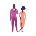 Modern young dark skin couple wearing formal official outfit. Stylish woman, holding papers, and man posing in pink
