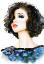 Modern Young female brunette portrait hand drawn watercolor illustration Royalty Free Stock Photo