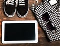 Modern young girl outfit on the wooden background Royalty Free Stock Photo