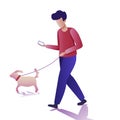 Modern young man flat icons. Young man walking a dog and communicating via smartphone. Vector illustration on a transparent Royalty Free Stock Photo