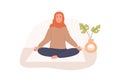 Modern young muslim female with crossed legs and closed eyes meditating indoors and performing yoga breathing exercise