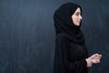 Modern young muslim woman in black abaya