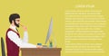 Modern young office worker using computer. Front view. Businessman working at his office desk. Work concept vector