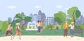 Modern young people citizen city spend time garden city, old people character stroll square flat vector illustration