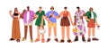 Modern young people group in fashion summer outfits. Trendy men, women characters standing, wearing stylish casual Royalty Free Stock Photo