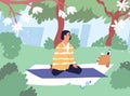 Modern young woman in lotus posture meditating and exercising yoga in park. Relaxed female character practicing